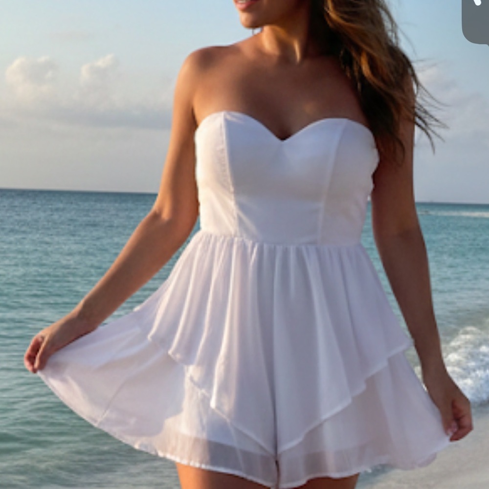 Depri Strapless White Chiffon Romper Dress – Sweetheart Neckline – Small